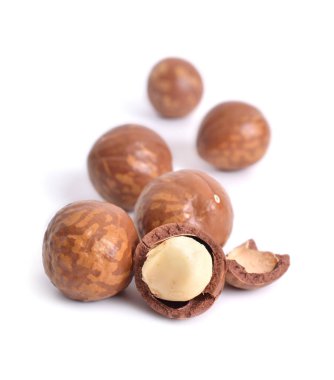 Beyaz arka planda izole edilmiş Macadamia fındıkları