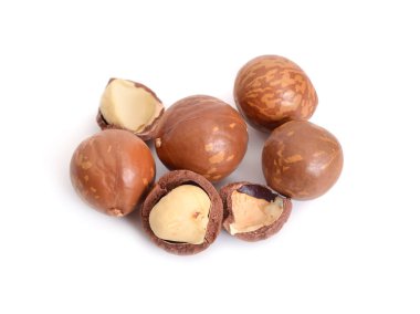 Beyaz arka planda izole edilmiş Macadamia fındıkları