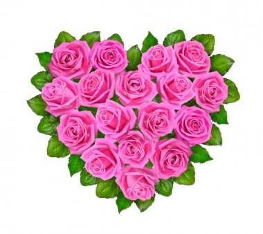 Pembe Gül kalbinde. Beyaz arka plan üzerinde izole