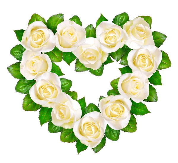 Cuore di rose bianche. Isolato su sfondo bianco — Foto Stock