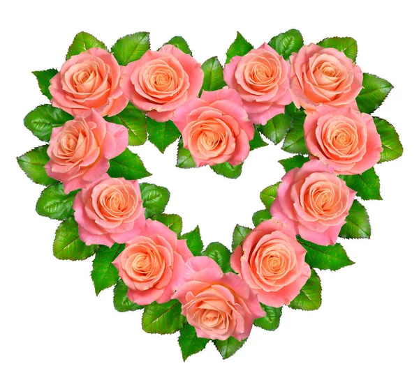Coração de rosas rosa-alaranjadas. Isolado sobre fundo branco — Fotografia de Stock