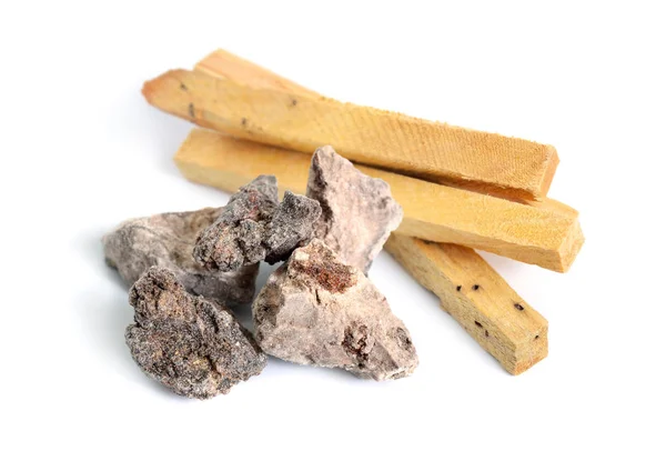 Palo santo, Holy Wood sticks wit incense resin isolated on white background. — Stock Photo, Image