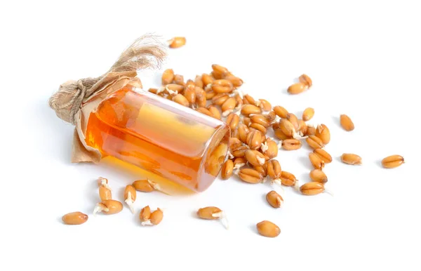 Sprouted Wheat oil in bottle. Isolated on white background — Stock Photo, Image