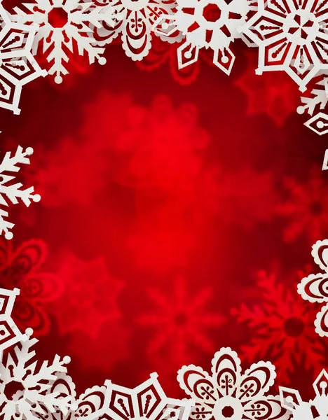 Christmas background. snowflakes in front of red blurred background — Stock Photo, Image