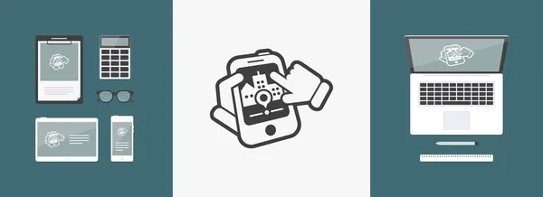 Encuéntranos iconos en el dispositivo móvil — Vector de stock