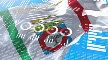 Apulia - İtalya bilgilendirme analizi raporları ve mali veriler, bilgi grafikleri bayrak, sütun numaraları ve pasta grafikleriyle animasyon gösteriyor. Mali bilimsel ve tıbbi konular.