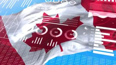 Kanada bilgilendirme analizi raporları ve finansal veriler, bilgi grafikleri bayrak, sütun numaraları ve pasta grafikleriyle animasyon gösteriyor. Mali bilimsel ve tıbbi konular.