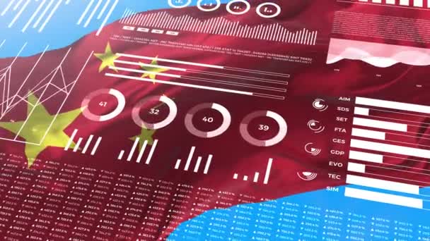中国の情報分析レポートと財務データ インフォグラフィックは フラグ 列番号と円グラフとアニメーションを表示します 金融科学 医療分野 — ストック動画