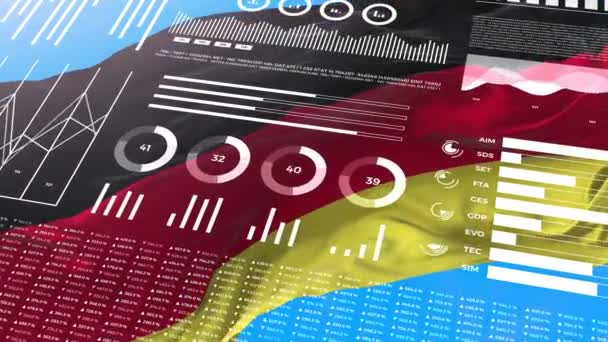 ドイツの情報分析レポートと財務データ インフォグラフィックは フラグ 列番号と円グラフとアニメーションを表示します 金融科学 医療分野 — ストック動画