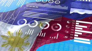 Filipinler bilgilendirme analizi raporları ve finansal veriler, bilgi grafikleri bayrak, sütun numaraları ve pasta grafikleriyle animasyon sergiliyor. Mali bilimsel ve tıbbi konular.