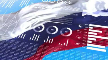 Rusya 'nın bilgilendirici analiz raporları ve mali verileri, bilgi grafikleri bayrak, sütun numaraları ve pasta grafikleriyle animasyon gösteriyor. Mali bilimsel ve tıbbi konular.