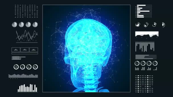 Человеческий Мозг Внутри Черепа Неврологическая Активность Футуристическая Панель Хада Анимация — стоковое видео