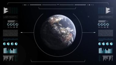 HUD Dünya HI teknolojisi arayüzü, küresel arayüz ve teknoloji, bilgi ekranı. Astronomi merkezi görüntüsü. 4K 3B soyut canlandırma.