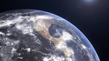 Dünya gezegeni, uzaydan görüş. Üç boyutlu karasal küre. Dönen animasyon, kozmosta, yıldızlarda ve stratosferde yakınlaşmak. 4k çözünürlüğü.