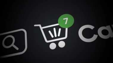 İnternetten alışveriş, 3D animasyon 4K. Kavramsal web mağazası sayfasına yakın plan, tezgahlı animasyon arabası. E-ticaret kavramı.