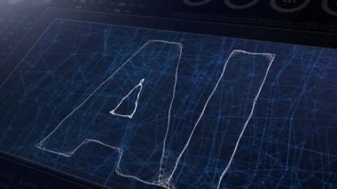 HUD ekran 3D. Yapay Zeka - Derin Veri Makinesi 4K öğreniyor. Dijital yapay zeka kavramının kavramsal üç boyutlu animasyonu. Bağlı parçacıklara sahip ağ yapısı.