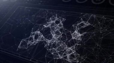HUD ekran 3D. Yapay Zeka - Derin Veri Makinesi 4K öğreniyor. Dijital yapay zeka kavramının kavramsal üç boyutlu animasyonu. Bağlı parçacıklara sahip ağ yapısı.