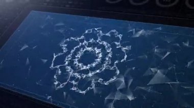 Süreç mekanik konseptinin patlayıcı girişi. Sembol simgesinin çokgen animasyonu, 4k bileşimi ve patlaması.