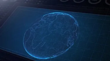 HUD ekran 3D. Karmaşık bağlı ağda dönen ve yörüngede dönen bir gezegen. 4K.