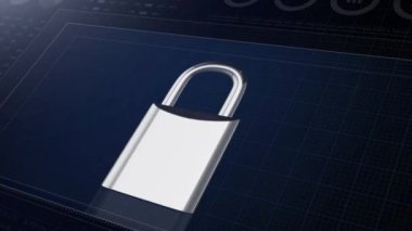 HUD dijital ekran bilgi grafikleri ve teknoloji güvenliği ve korunmasının asma kilit sembolü. 3d 4k animasyon.