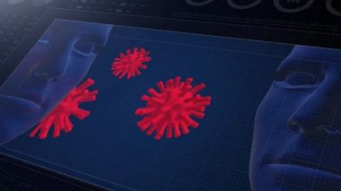 HUD ekran 3D. Virüs kavramı iki kişi arasında bulaşıcıdır. 4K 3B Canlandırma.