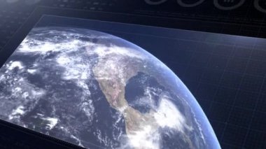 HUD Dünya HI teknolojisi arayüzü, küresel arayüz ve teknoloji, bilgi ekranı. Astronomi merkezi görüntüsü. 4K 3B soyut canlandırma.