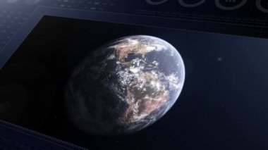 HUD Dünya HI teknolojisi arayüzü, küresel arayüz ve teknoloji, bilgi ekranı. Astronomi merkezi görüntüsü. 4K 3B soyut canlandırma.