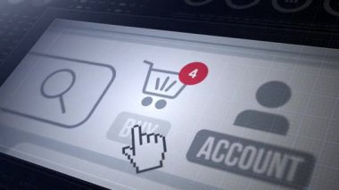 İnternetten alışveriş, 3D animasyon 4K. Kavramsal web mağazası sayfasına yakın plan, tezgahlı animasyon arabası. E-ticaret kavramı.