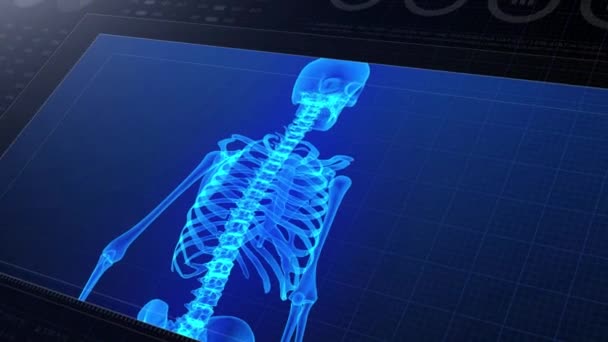 医療Uhd抽象アニメーション 研究室のダッシュボードインターフェース4K 診断コンピュータディスプレイに関する人体骨格研究 — ストック動画