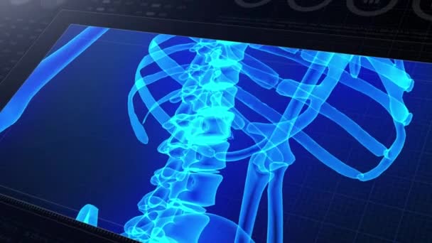 医療Uhd抽象アニメーション 研究室のダッシュボードインターフェース4K 診断コンピュータディスプレイに関する人体骨格研究 — ストック動画
