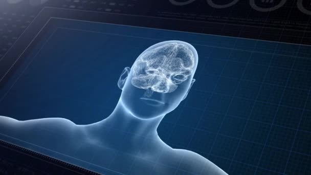 医療Uhd抽象アニメーション 研究室のダッシュボードインターフェース4K 人間のブライアンに焦点を当て 診断コンピュータディスプレイに関する研究 — ストック動画