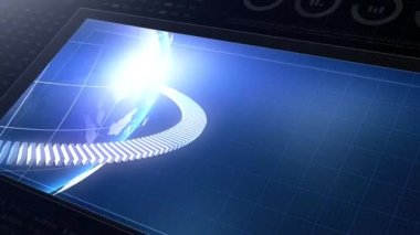 HUD Dünya HI teknolojisi arayüzü, küresel arayüz ve teknoloji, bilgi ekranı. Astronomi merkezi görüntüsü. 4K 3B soyut canlandırma.