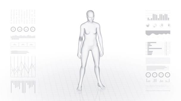有肘部病理学的女孩3D具女性尸体 旋转动画和女性人类结构的特写 Hud镜头 — 图库视频影像