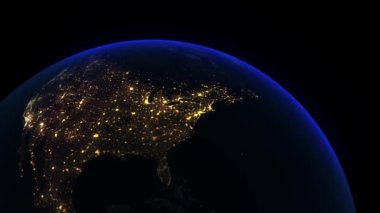 Dünya gezegeni, uzaydan görüş. Üç boyutlu karasal küre. Evrende, yıldızlarda ve stratosferde dönen animasyon. 4k çözünürlüğü.
