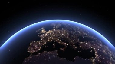 Dünya gezegeni, uzaydan görüş. Üç boyutlu karasal küre. Evrende, yıldızlarda ve stratosferde dönen animasyon. 4k çözünürlüğü.