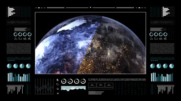 A Föld bolygó analitikai kijelzőn. 3d földgömb animáció. Világ adat technológia HUD interfész. 4k felbontás.