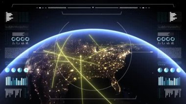Analizde Dünya 3D gezegeni 4K gösteriyor. Kuzey Amerika 'da hızlı çizgiler, veri transferi ve dijital bağlantının sembolü. Dünya teknolojisi HUD arayüzü.