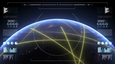 Analizde Dünya 3D gezegeni 4K gösteriyor. Afrika kıtasındaki hızlı hatlar, veri transferi ve dijital bağlantının sembolü. Dünya teknolojisi HUD arayüzü.
