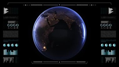 Dünya gezegeni analitik ekranda. 3 boyutlu dünya animasyonu, gece görüşü. Dünya veri teknolojisi HUD arayüzü. 4k çözünürlüğü.