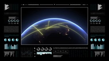Analizde Dünya 3D gezegeni 4K gösteriyor. Okyanusya kıtasındaki hızlı hatlar veri transferi ve dijital bağlantının sembolü. Dünya teknolojisi HUD arayüzü.