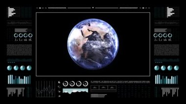 Dünya gezegeni analitik ekranda. Üç boyutlu karasal dünya animasyonu. Dünya veri teknolojisi HUD arayüzü. 4k çözünürlüğü.
