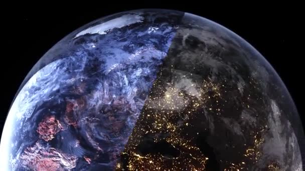 Planeta Tierra Vista Dividida Noche Día Globo Terrestre Animación Giratoria — Vídeos de Stock