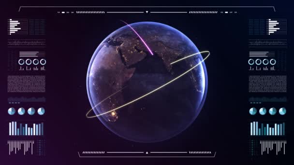 Planète Terre sur affichage analytique. Animation de globe terrestre 3D. Technologie mondiale des données interface HUD. Résolution 4k .