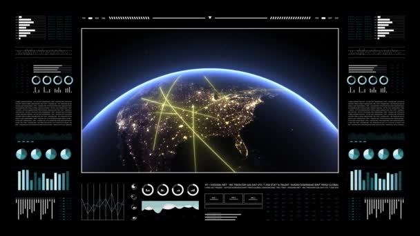 分析表示上の惑星地球3D 北米での高速ライン データ転送とデジタル接続のシンボル 世界技術Hudインターフェース — ストック動画