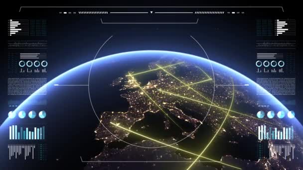 Планета Земля Аналітичному Дисплеї Швидкі Лінії Рухаються Європі Символом Передачі — стокове відео