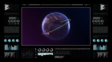 Dünya gezegeni analitik ekranda. 3 boyutlu dünya animasyonu, gece görüşü. Dünya veri teknolojisi HUD arayüzü. 4k çözünürlüğü.