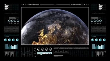 Dünya gezegeni analitik ekranda. 3 boyutlu dünya animasyonu, gece görüşü. Dünya veri teknolojisi HUD arayüzü. 4k çözünürlüğü.
