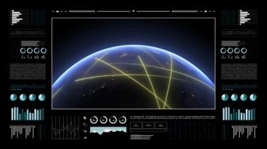 Analizde Dünya 3D gezegeni 4K gösteriyor. Afrika kıtasındaki hızlı hatlar, veri transferi ve dijital bağlantının sembolü. Dünya teknolojisi HUD arayüzü.