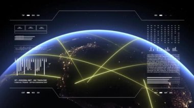 Analizde Dünya 3D gezegeni 4K gösteriyor. Güney Amerika 'da hızlı hatlar hareket ediyor, veri transferi ve dijital bağlantının sembolü. Dünya teknolojisi HUD arayüzü.