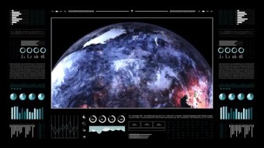Dünya gezegeni analitik ekranda. Üç boyutlu karasal dünya animasyonu. Dünya veri teknolojisi HUD arayüzü. 4k çözünürlüğü.